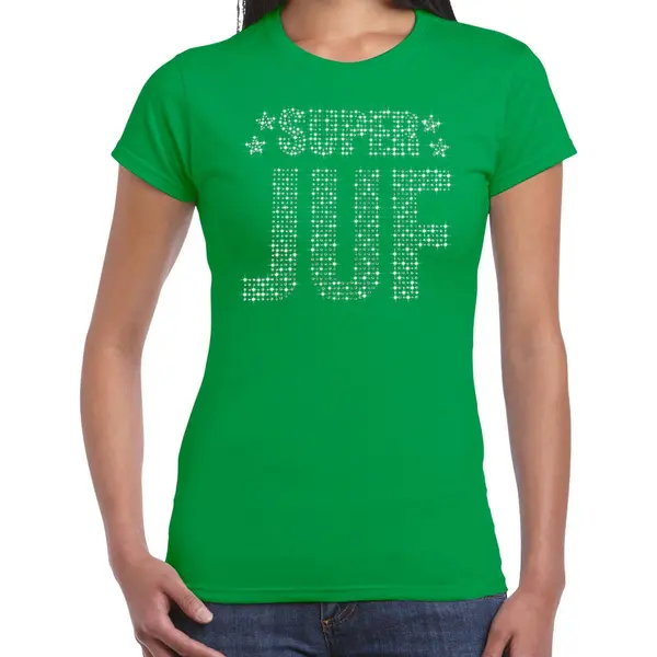 Bellatio Decorations Glitter Super Juf T-shirt Groen Met Steentjes/ Rhinestones Voor Dames - Lerares Cadeau Shirts - Glitter Kleding/foute Party Outfit S thumbnail
