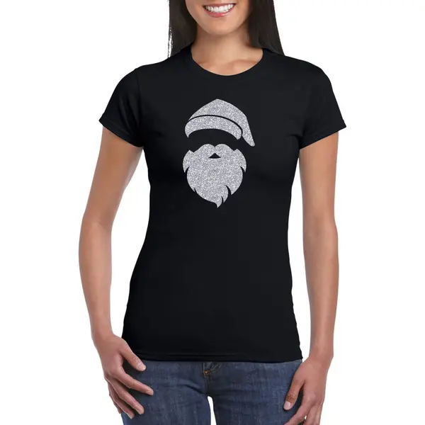 Bellatio Decorations Kerst T-shirt Voor Dames - Kerstman Hoofd - Zwart - Glitter Bedrukking - Zilver - Kerstkleding L thumbnail