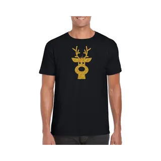 Bellatio Decorations Kerst Verkleed T-shirt Voor Heren - Zwart - Rendier Hoofd - Glitter Goud - Kerstkleding S