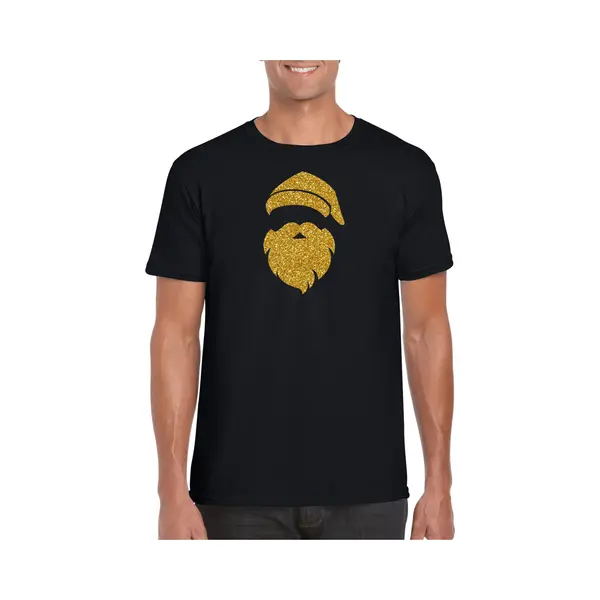 Bellatio Decorations Kerst T-shirt Voor Heren - Kerstman Hoofd - Zwart - Glitter Goud - Kerstkleding L thumbnail