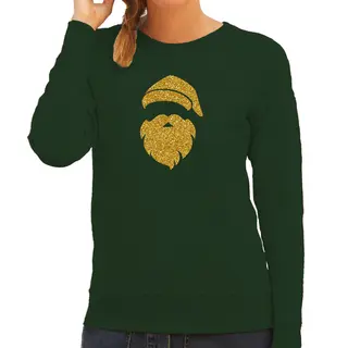 Bellatio Decorations Kerstman Hoofd Kerst Trui - Groen Met Gouden Glitter Bedrukking - Dames - Kerst Sweaters / Kerst Outfit L