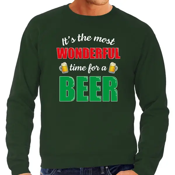 Bellatio Decorations Wonderful Beer Foute Kersttrui - Bier Thema Sweater - Groen - Heren - Kerst Kleding M thumbnail