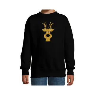Bellatio Decorations Kersttrui Sweater Voor Kinderen - Zwart - Met Gouden Glitter Rendier Print - Lange Mouwen - Kerstdiner Kleding - Jongens - Meisjes 110/116