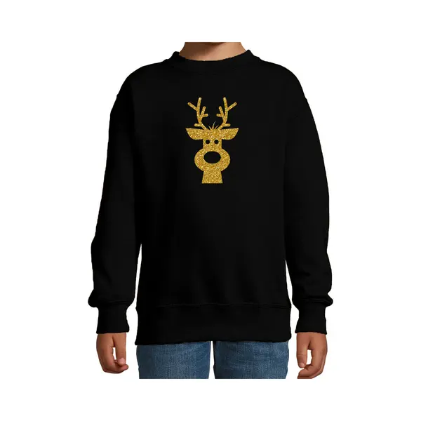 Bellatio Decorations Kersttrui Sweater Voor Kinderen - Zwart - Met Gouden Glitter Rendier Print - Lange Mouwen - Kerstdiner Kleding - Jongens - Meisjes 110/116 thumbnail