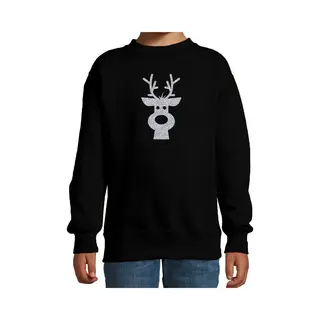 Bellatio Decorations Kerstsweater Voor Kinderen - Zwart - Met Zilveren Rendier - Glitter Bedrukking 134/146