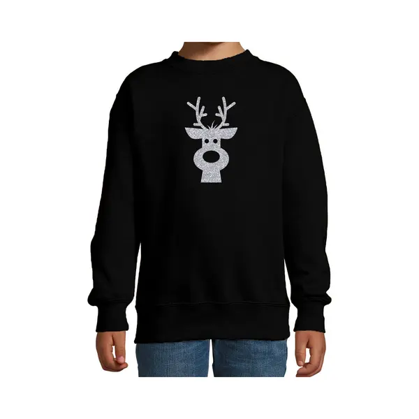 Bellatio Decorations Kerstsweater Voor Kinderen - Zwart - Met Zilveren Rendier - Glitter Bedrukking 134/146 thumbnail