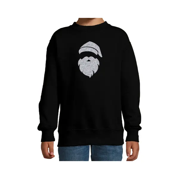 Bellatio Decorations Kerstsweater - Kinderen - Zwart - Zilveren Santa - Glitter Bedrukking - Kerstkleding 134/146 thumbnail