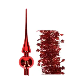 Decoris Kerstversiering Glazen Piek Glans 26 Cm En Sterren Folieslingers Pakket Rood Van 3x Stuks - Kerstboomversiering