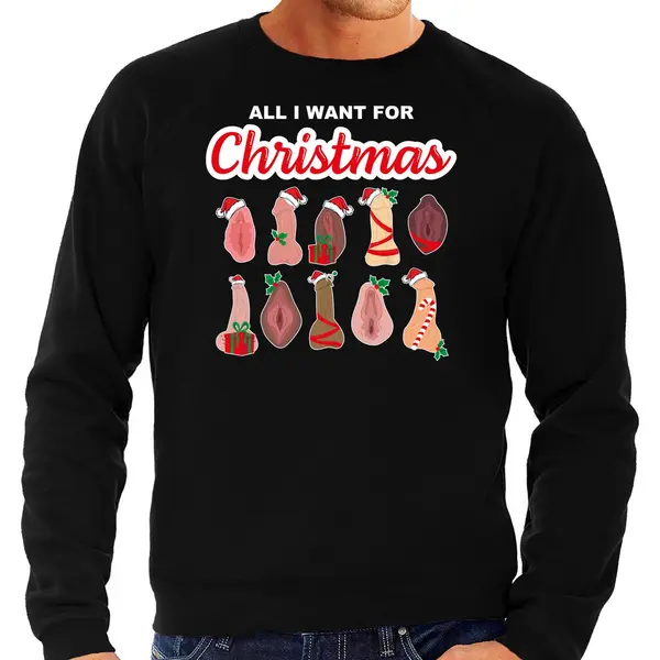 Bellatio Decorations Foute Kersttrui / Sweater - Heren - All I Want For Christmas - Piemel/vagina - Zwart L thumbnail