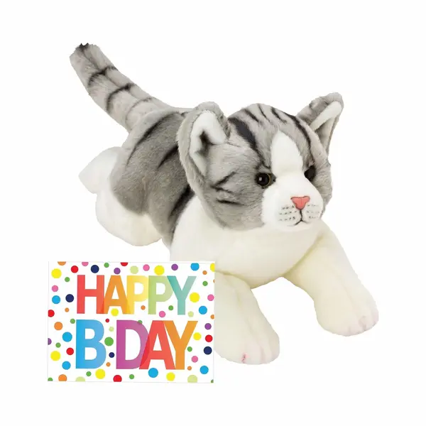 Nature planet Pluche Knuffel Grijs/witte Kat/poes Van 33 Cm Met A5-size Happy Birthday Wenskaart - Verjaardag Cadeau Setje thumbnail