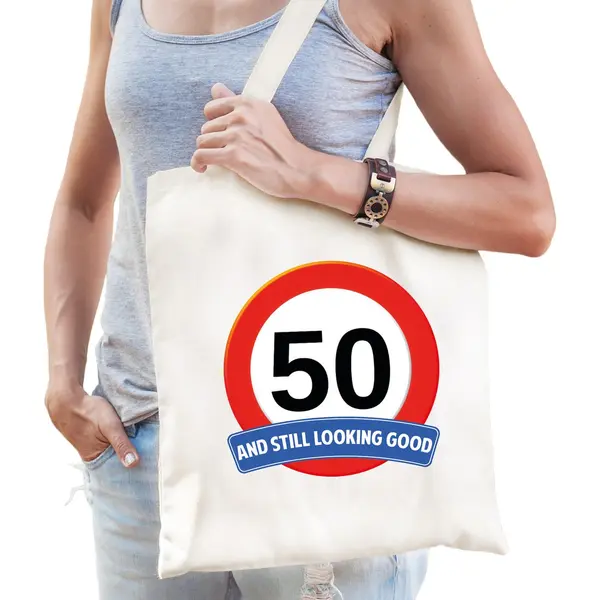 Bellatio Decorations Verkeersbord / Stopbord 50/vijftig Katoenen Cadeau Tas Wit Voor Dames En Heren - Kado Tas / Verjaardag Tasje / Shopper thumbnail