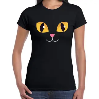 Bellatio Decorations Kat / Poes Gezicht Verkleed T-shirt Zwart Voor Dames - Carnaval Fun Shirt / Kleding / Kostuum M