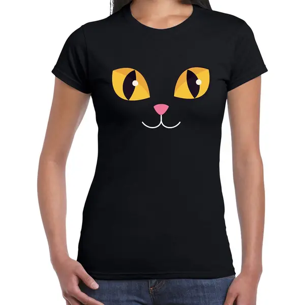 Bellatio Decorations Kat / Poes Gezicht Verkleed T-shirt Zwart Voor Dames - Carnaval Fun Shirt / Kleding / Kostuum M thumbnail