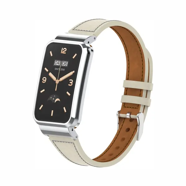 By Qubix Classic Leren Bandje Met Case - Roomwit - Geschikt Voor Xiaomi Smart Band 7 Pro - Mi Band 7 Pro Bandje thumbnail