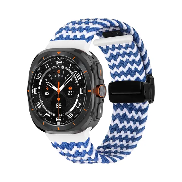 By Qubix Braided Band Met D-buckle Sluiting - Blauw Met Wit - Geschikt Voor Samsung Galaxy Watch Ultra / Ultra 2025 47mm thumbnail