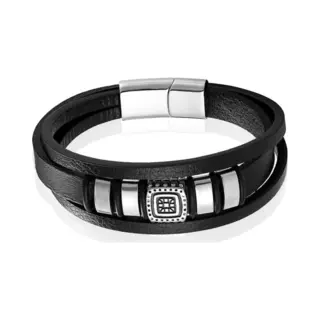Mendes Jewelry Etnische Heren Armband In Zwart Leer Met Zilveren Bedels-19cm
