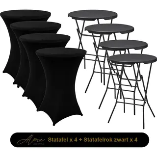 Alora 4x Zwarte Statafel + Zwarte Statafelrok X 4 – ø80 Cm X 110 Cm Hoog - Cocktailtafel - Hoge Staan Tafel - Breed Blad - Inclusief Zwarte Statafelhoes