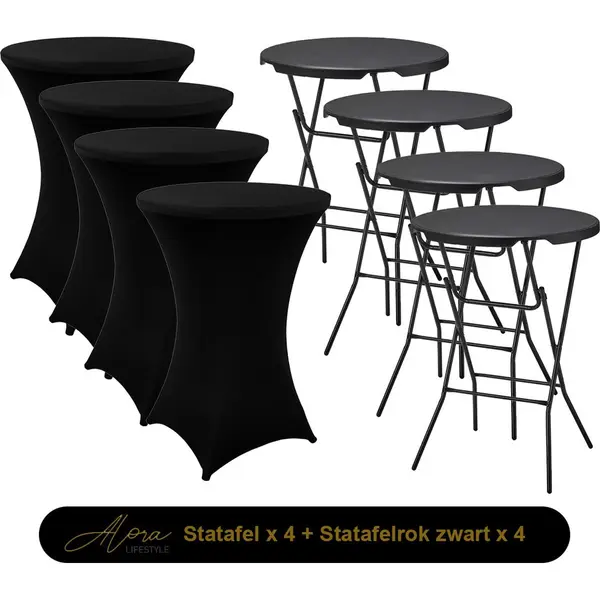 Alora 4x Zwarte Statafel + Zwarte Statafelrok X 4 – ø80 Cm X 110 Cm Hoog - Cocktailtafel - Hoge Staan Tafel - Breed Blad - Inclusief Zwarte Statafelhoes thumbnail