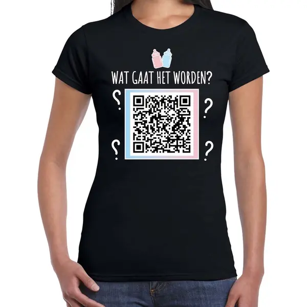 Bellatio Decorations Gender Reveal Qr Code Shirt Wat Gaat Het Worden Dames Zwart - Jongen - Gender Reveal Kleding / Outfit L thumbnail