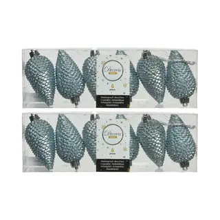 Decoris Kersthangers Dennenappels - 24x - Lichtblauw - Glitter - 8 Cm - Kunststof - Kerstversiering