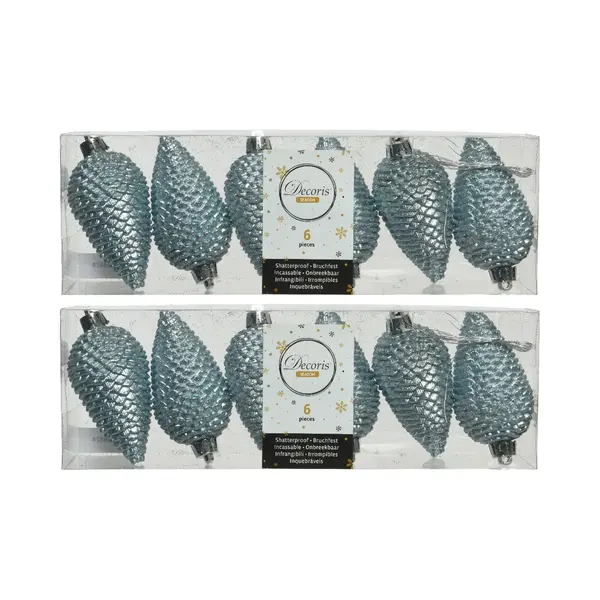 Decoris Kersthangers Dennenappels - 24x - Lichtblauw - Glitter - 8 Cm - Kunststof - Kerstversiering thumbnail