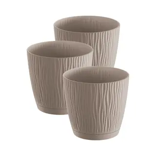 Prosperplast Plantenpot/bloempot Waves - 3x Stuks - Kunststof - Taupe - D17 X H16 Cm - Binnen/buiten - Met Opvangschaal