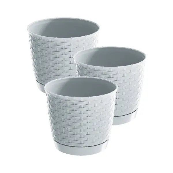 Prosperplast 3x Stuks Ronde Gevlochten Plantenpotten/bloempotten Kunststof Dia 25 Cm En Hoogte 22 Cm In Het Parel Wit thumbnail