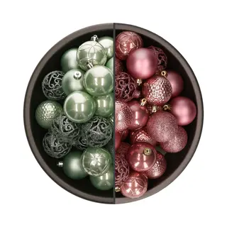 Bellatio Decorations Kerstballen Mix - 74-delig - Oudroze En Mintgroen - 6 Cm - Kunststof