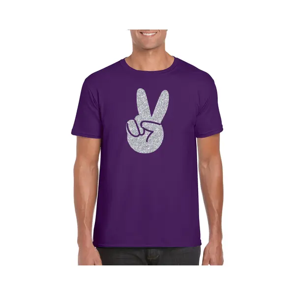 Bellatio Decorations Paars Flower Power T-shirt Zilveren Glitter Peace Hand Heren - Sixties/jaren 60 Kleding Xl thumbnail