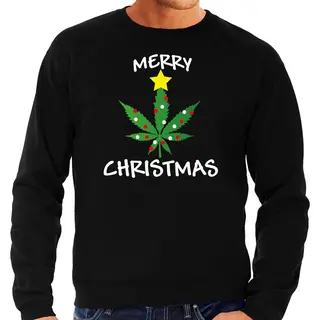 Bellatio Decorations Foute Humor Kersttrui - Sweater - Wiet Blad - Zwart - Heren - Kerstdiner S
