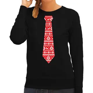 Bellatio Decorations Stropdas Kersttrui / Sweater - Kerstpatroon Rood - Zwart - Voor Dames - Kerstdiner Kleding L
