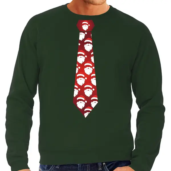 Bellatio Decorations Kersttrui - Sweater - Stropdas Kerstmannen - Heren - Groen - Kerstdiner Kleding L thumbnail