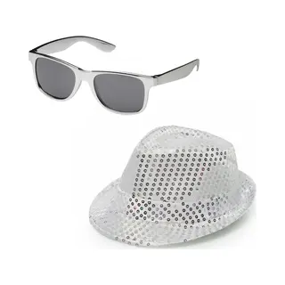 Folat Carnaval Verkleed Set - Hoed En Bril - Zilver - Glitters