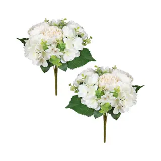 Louis Maes Kunstbloemen Boeket Roos/hortensia - 2x - Creme/wit - H39 Cm - Bloemstuk - Bladgroen