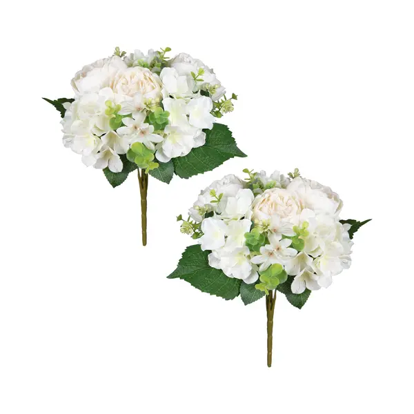 Louis Maes Kunstbloemen Boeket Roos/hortensia - 2x - Creme/wit - H39 Cm - Bloemstuk - Bladgroen thumbnail