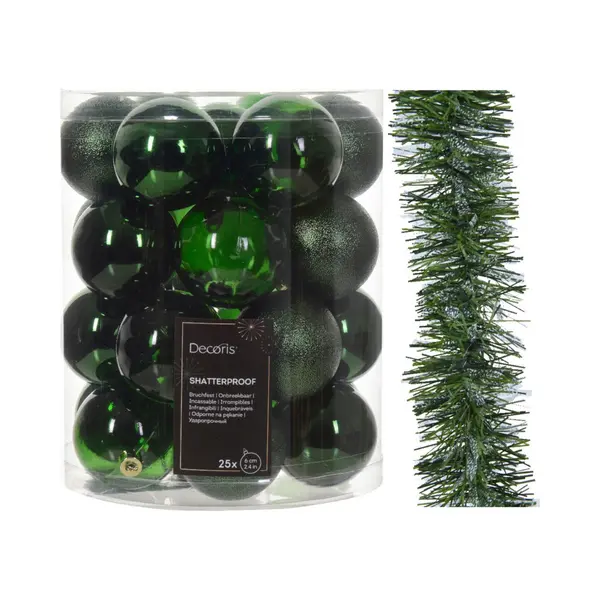 Decoris Kerstversiering Set - Donkergroen - Kerstballen 6 Cm En Kerstslinger - Kunststof thumbnail