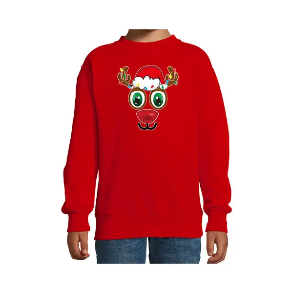 Bellatio Decorations Kersttrui/sweater Voor Kinderen - Rudolf Gezicht - Rendier - Rood - Kerstdiner 122/128 thumbnail