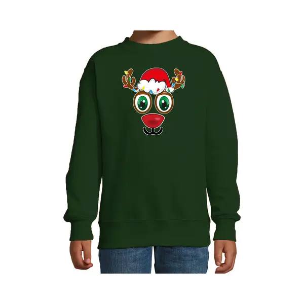 Bellatio Decorations Kersttrui/sweater Voor Kinderen - Rudolf Gezicht - Rendier - Groen - Kerstdiner 170/176 thumbnail