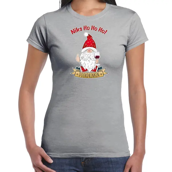 Bellatio Decorations Fout Kersttrui T-shirt Dames - Wijn Kabouter/gnoom - Grijs - Doordrinken S thumbnail