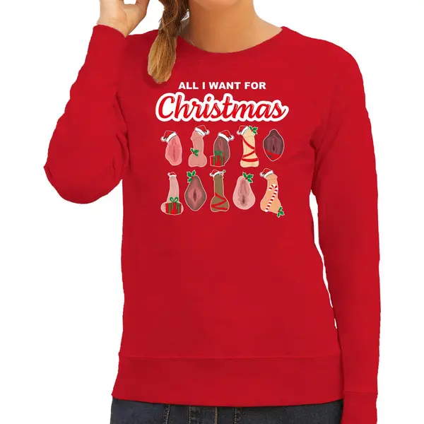 Bellatio Decorations Foute Kersttrui/sweater Dames - All I Want For Christmas - Piemel/vagina -rood Xl thumbnail