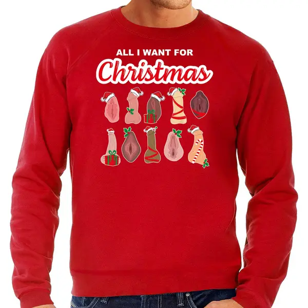 Bellatio Decorations Foute Kersttrui/sweater Heren - All I Want For Christmas - Piemel/vagina -rood S thumbnail