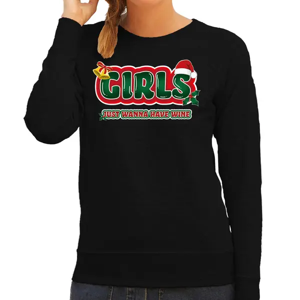 Bellatio Decorations Foute Kersttrui/sweater Voor Dames - Girls Just Wanna Have Wine - Zwart/rood S thumbnail