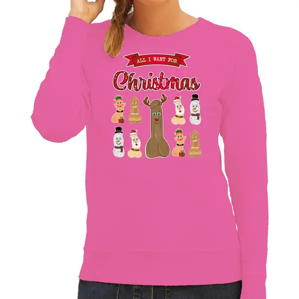 Bellatio Decorations Foute Kersttrui/sweater Dames - All I Want For Christmas - Roze - Piemel/penis Xl thumbnail