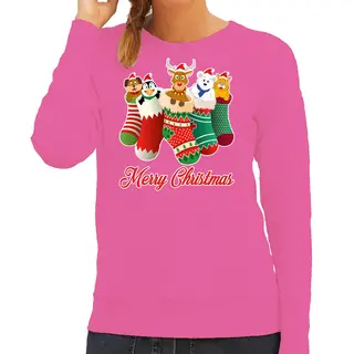 Bellatio Decorations Foute Kersttrui - Sweater - Kerstsokken Met Diertjes - Merry Christmas - Roze - Voor Dames M
