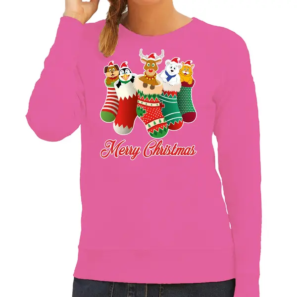 Bellatio Decorations Foute Kersttrui - Sweater - Kerstsokken Met Diertjes - Merry Christmas - Roze - Voor Dames M thumbnail