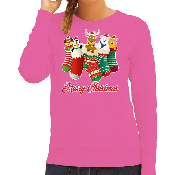 Bellatio Decorations Foute Kersttrui - Sweater - Kerstsokken Met Diertjes - Merry Christmas - Roze - Voor Dames L thumbnail