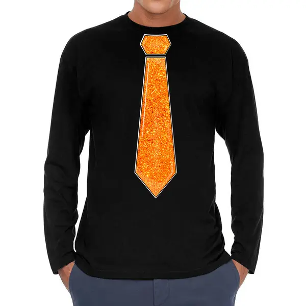 Bellatio Decorations Verkleed Shirt Heren - Stropdas Glitter Oranje - Zwart - Carnaval - Longsleeve M thumbnail