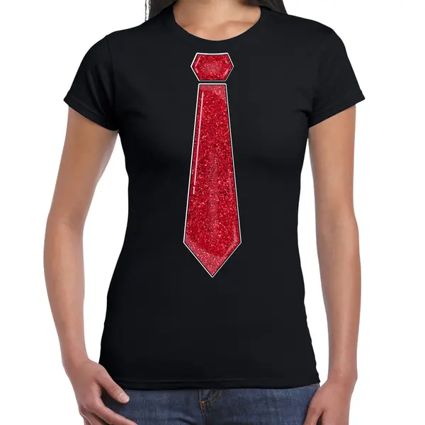 Bellatio Decorations Verkleed Shirt Dames - Stropdas Glitter Rood - Zwart - Carnaval - Foute Party Xl thumbnail