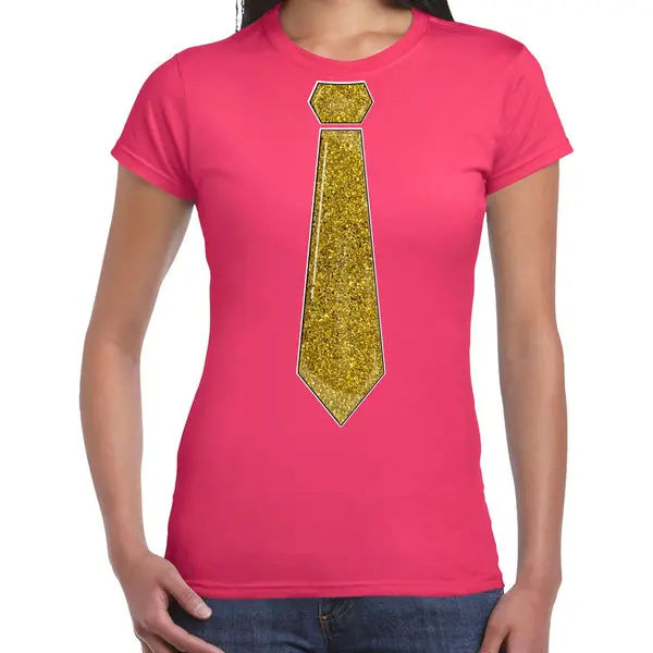 Bellatio Decorations Verkleed Shirt Dames - Stropdas Glitter Goud - Roze - Carnaval - Foute Party L thumbnail