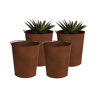 Sunnydays Emmer/plantenpot/bloempot - 4x - Zink - Roestbruin - D13 X H14 Cm